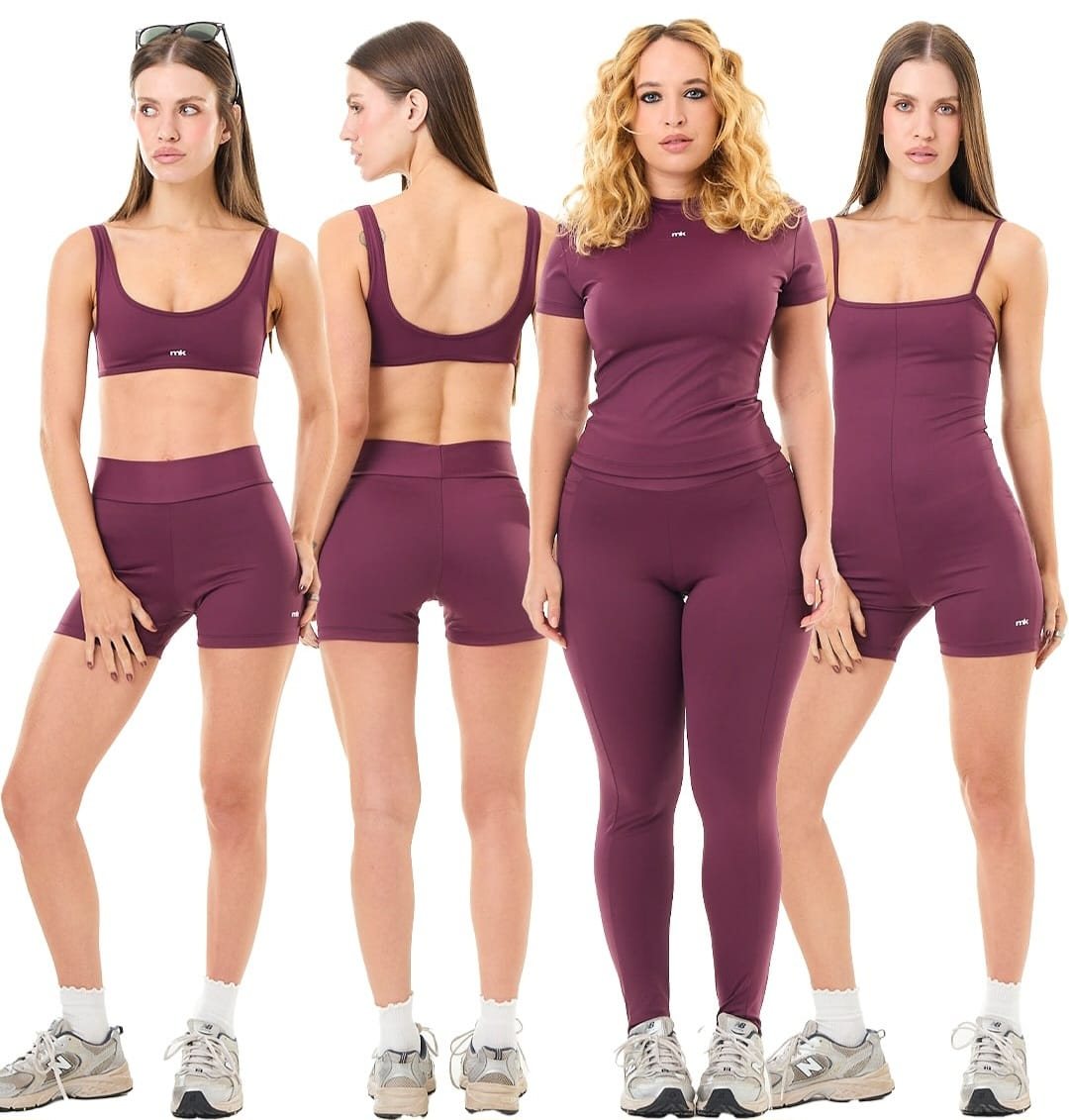 Linha fitness da Hey Makai em vinho: top, short, camiseta, legging e macaquinho, de frente e de costas